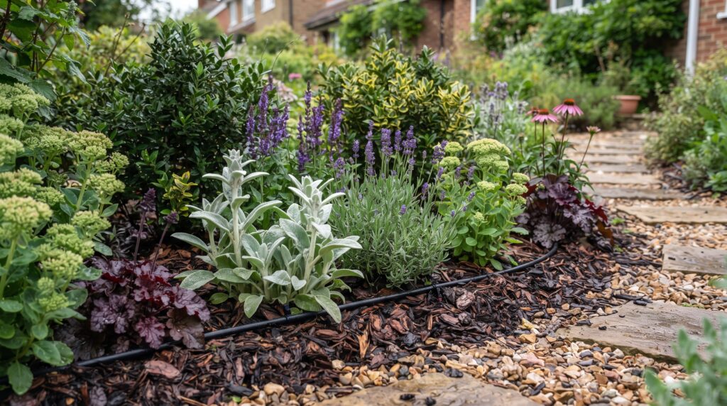 Low-maintenance garden with mulch, perennial plants and drip irrigation